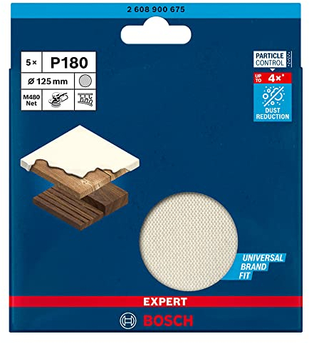 Bosch 5x EXPERT M480 Sanding Net (for Paint on wood, Hardwood, Ø 125 mm, Grit 180, Professional Accessory Random Orbital Sander, Orbital Sander)