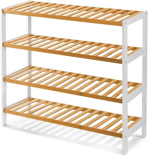 KEPLIN Natural Bamboo Shoe Rack Easy Assembly & Strong Design Shelf Organiser Ideal for Bedroom, Bathroom, Hallway & Small Spaces Capacity Up to 12 Pairs of Shoes (White/Natural, 4 Tier) (70x67x25cm)