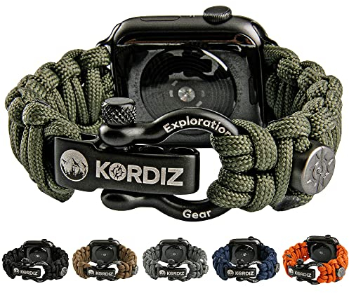 KORDIZ Survivor – Paracord Armband für Apple Watch, kompatibel mit Apple Watch Serie 8/7/6/5/4/3/2/1/SE & Ultra – 42 mm, 44 mm, 45 mm, mit verstellbarem Bügel aus Edelstahl (Grün, M für 42/44/45 mm)