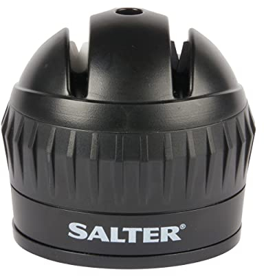 Salter BW11671B Aiguiseur à couteaux manuel, ventouse, usage particulier/professionnel, Twist & Lock, affûtage en 2 étapes, acier au tungstène, tige en céramique, compact, facile à ranger, noir