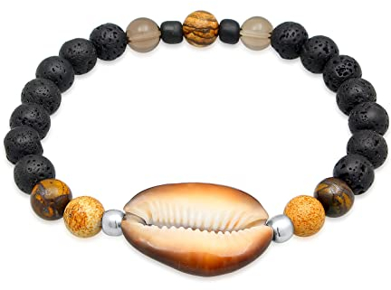 Kuzzoi Buddha Herren Naturstein Armband elastisch aus Lava- und Tigerauge Perlen (8 mm) mit oxidierten 925 Sterling Silber Elementen und einer Kauri Muschel Surferarmband Länge 19 cm