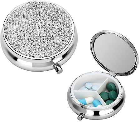 Soleebee Diamant Edelstahl Pillendose mit 3 Fächern, Mini Pillenhalter Bling Kleine Tablettendose Tragbare Pillenbox Tabletten Medizin Vitamin Organizer für Outdoor Sport Camping Reisen (Weiß)