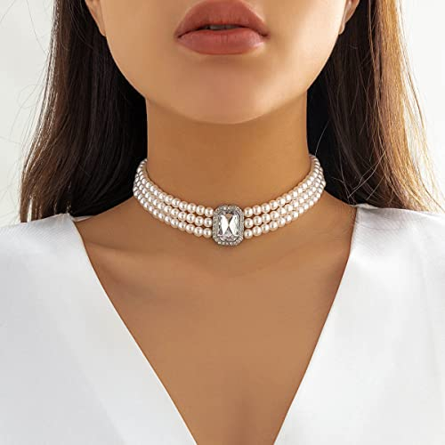 Clataly Damen Perlenkette Armbänder Vintage Runde Mehrschichtige Imitation Perle Choker Halsketten Brautschmuck (Perlenkette B)