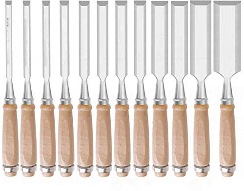 Ensemble de Ciseaux à Bois Outils de menuiserie Professionnels Ensemble d'outils de ciseau à Manche en Bois pour la Sculpture sur Bois, Largeur de la tête de Coupe - 6 mm - 38 mm, Ensemble de 12