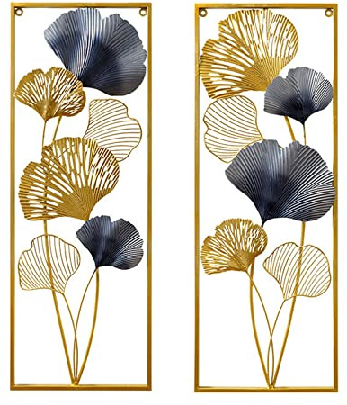 Lilyeriy 2 StÜCk Ginkgoblätter Wanddeko Metall 85x31cm Wandskulpturen Rechteck Blätter Wandskulpturen 3D Metallbild Wohnzimmer Deko