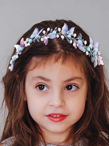 IYOU Blumenmädchen Haarband Schmetterling Blaues Kopfschmuck Prinzessin Kommunion Hochzeit Haarschmuck für Damen und Mädchen
