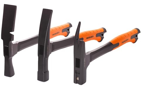 MIVOS Juego de 3 martillos con mango de fibra de vidrio 2 K, martillo de albañil, martillo de ladrillo, martillo de acero con mango de goma antivibración y cabeza de acero forjado, 600 g