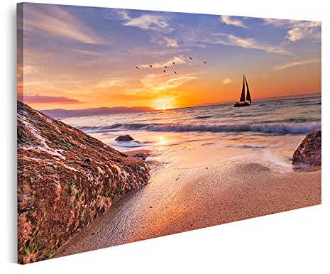 islandburner Prime Bild auf Leinwand Sonnenuntergang Möwen Meer Segelboot Vögel Segeln Bilder Wandbilder Poster