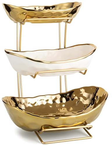 MEIGLQEA 3-Tier Gold Fruit Bowl & Tray with Metal Stand - Ceramic White, Triple Layer for Snacks, Nuts, Bread & Candy Storage