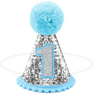 NQEUEPN Partyhut für den Ersten Geburtstag, Wollfilz im Boho-Stil Geburtstagshut 1 Glänzendes Dekoratives Geburtstagszubehör für Baby-Geburtstagsdekorationen Fotoautomaten-Requisiten(Silber, Blau)