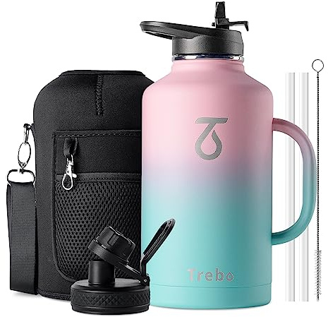 Trebo Insulated Water Bottle 2 L Stainless Steel with Side Handle & Pouch | Large Metal Gallon Jug with Straw Spout Lids, Triple Wall Vacuum, Dishwash safe, Cold 48 Hrs for Gym, BPA-free, Wide Mouth