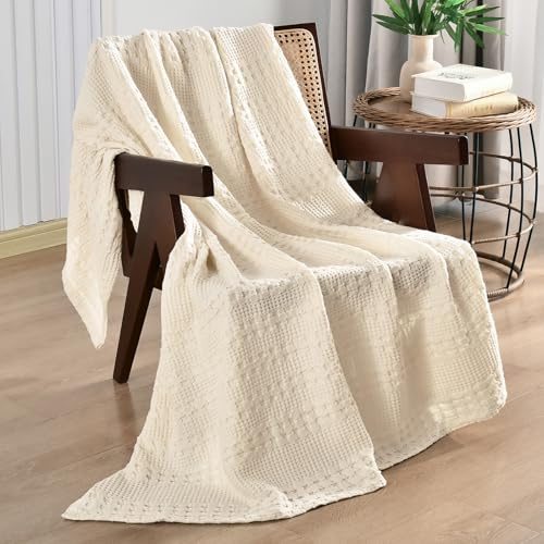 PHF 100% Cotton Waffle Weave Throw Blanket, Soft Lightweight Breathable Cozy Throws for Couch Bed Sofa, Luxury Aesthetic Christmas Blanket Gift for Home Decor & Office, 50x60, Natural