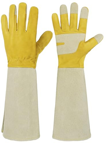 HANDLANDY Gartenhandschuhe, lang, für Damen und Herren, Schweinsleder, Rosen-Gartenhandschuhe, atmungsaktiv und langlebig, Gelb, Größe M