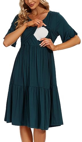Smallshow Vestido de lactancia para mujer de manga corta con volantes vestido de maternidad moda premamá, azul verdoso, S