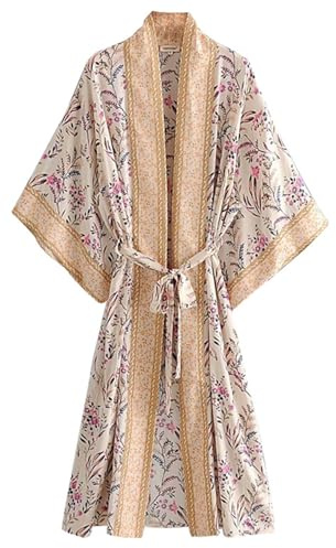 FENXIXIONE Albornoz largo tipo kimono para mujer, con estampado floral, cárdigan de playa, bata tipo kimono, cubierta de bikini, satén de seda, vintage, bata de baño (champán, L)