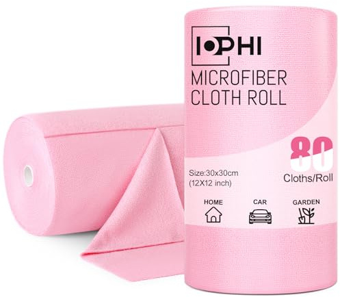 iophi 80 Stück Mikrofaser Putztücher in 30x30cm, Rosa | , Lappen auf Rolle für Auto, Wiederverwendbare Fusselfreie Reinigungstücher, Haus und Küche Abreißbare Putzlappen