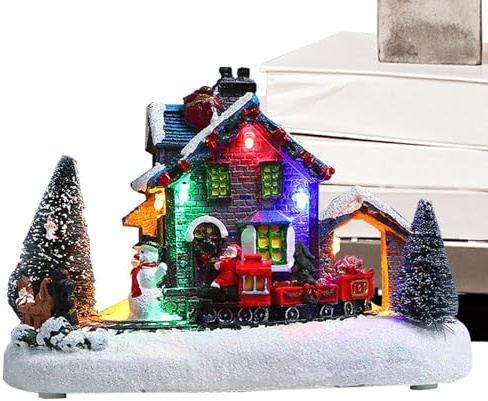 Dtaigou Weihnachtshaus, Weihnachtsdorf,Harz-LED-beleuchtete Weihnachtshäuser, Weihnachtsmann-Zug-Ornament | Weihnachts-Innendekorationen, Miniatur-Ornament-Sets, Raumdekoration für Tischdekoration