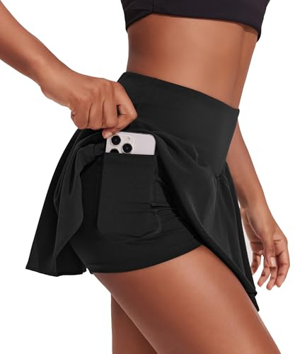 PINSPARK Falda Tenis para Mujer Falda de Tenis de Cintura Alta Cintura en V Falda Deportiva con Volantes Falda de Golf de Verano con 3 Bolsillos Falda Plisada Entrenamiento con Pantalones Interiores