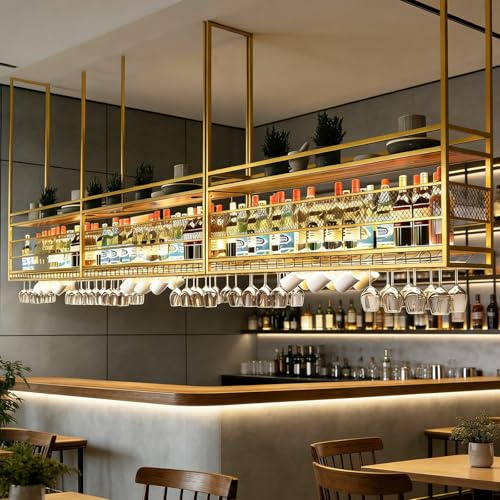 amhricho Ceiling Wine Rack, Metal Ceiling Wine Glass Rack, 2 Layer Hanging Wine Rack Display Wine Storage Holder Multifunctional, with Glass Holder for Home, Restaurant, Bar (GOLD, 80 * 30 * 50+40CM)