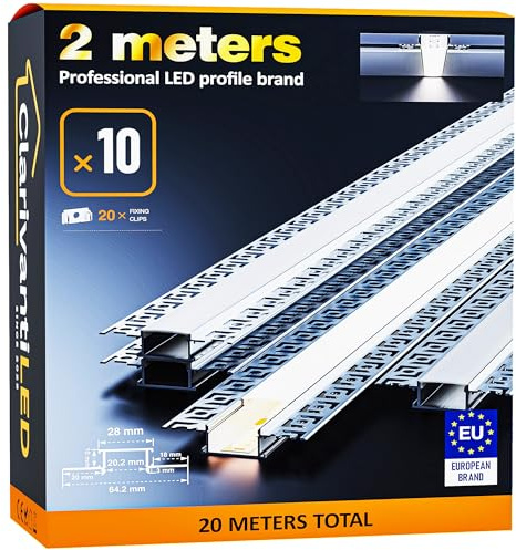 ClarivantiLED 2m×10 Trockenbauprofil Aluminium Profil für LED Streifen bis 20mm,Unterputz LED Leiste mit milchiger Abdeckung,Decken- und Wandmontage,Diffusor,Schattenfuge,Profil für Trockenbau einbau