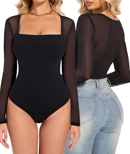 SHAPERIN Shapewear Bodysuit Kvinnor Sheer Mesh Shapewear Bodysuit Underkläder Smal Platt Mage Body Shaper med Fyrkantig Hals, Svart, M