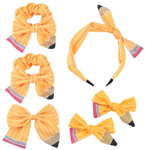 6PCS Yellow Bow Hair Set, Girls Hairhead Accessories with 2 Hair-rings, 1 HairBand, 1 Large Clip, 2 Small Clipsow for Women, School, Bridal
