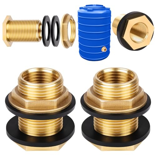 Flintronic 2 Pièces Raccords de Réservoir en Laiton, 1 Pouces 3/4 Pouces Mâle Connecteur de RéServoir D' en Laiton Fileté, Raccord Citerne Eau de Pluie avec 4 Joints en Silicone, pour Seaux