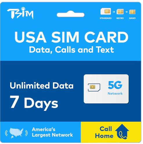 USA SIM Card Valid for 7 Days | Call Home for Free | T-Mobile Network with Unlimited High Speed Data on 5G/4G/LTE | Unlimited Local Calls & Texts to UK + USA (including Hawaii) Number | 5G SIM Card!