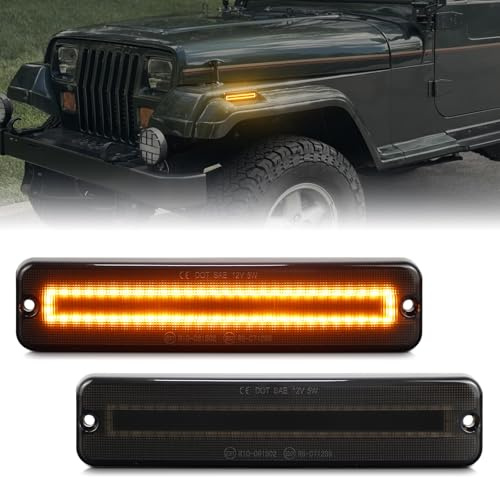 FetonAuto Amber LED Side Marker Light for 1987-1995 Jeep Wrangler YJ Smoked Lens Front Bumper Fender Parking Signal Lamp, Replace OEM 56001424