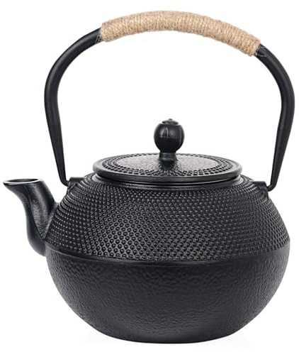 Sungmor Tetera de hierro fundido negro, tetera japonesa Tetsubin para hojas sueltas, juego de té duradero que retiene el calor con infusor de acero inoxidable e interior esmaltado, 42 onzas/1200 ml