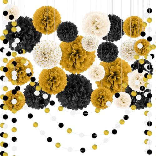 28 Stück Schwarz Gold Weiß Pompons Dekoration, Seidenpapier Pompons, Wabenbälle Deko, Papierblumen zum Aufhängen für Geburtstag, Baby Party, Gartenparty, Hochzeitszubehör (Ø 15/20/25/30cm)
