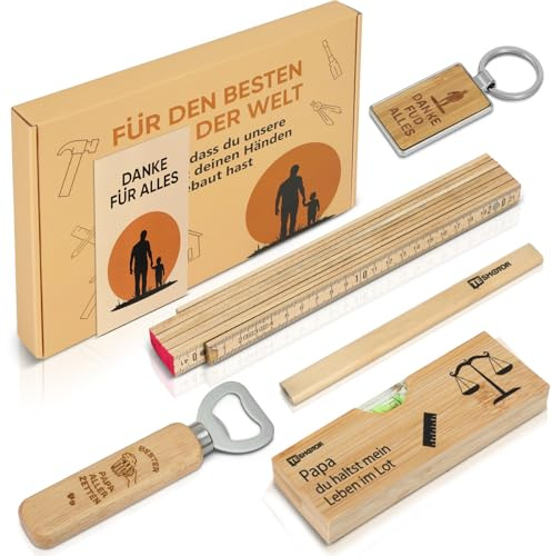 Coffret cadeau pour papa - 6 pièces avec règle pliante, décapsuleur, crayon, porte-clés, niveau à bulle et carte de vœux - Idée cadeau pour la fête des pères, anniversaire, Noël