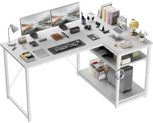 JUMMICO Scrivania Angolare a L 140x80 cm Design Moderno Bianco | per Computer con Ripiani e Divisori - Compatta per Studio, Lavoro e Gaming, Ideale per Camera da Letto e Ufficio