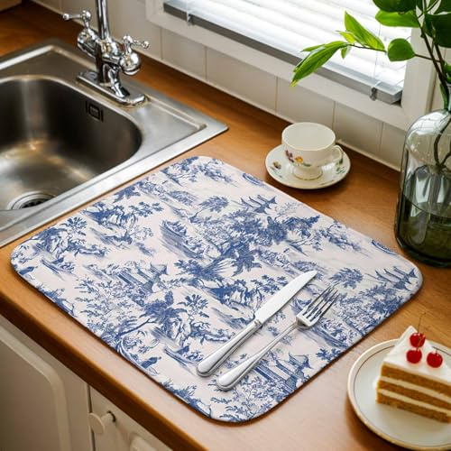 Dish Drying Mat for Kitchen Counter, Blue Chinoiserie Garden Pavilion Absorbent Microfiber Dish Drying Pad Set of 1, Asian Scenic Hill Boat Plant Coffee Mat Dishes Drainer Mats for Countertop