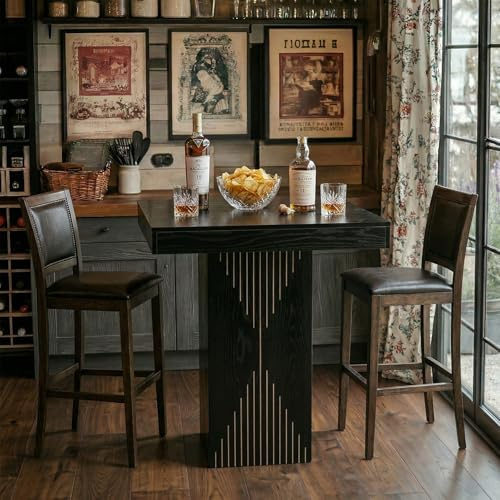 LITTLE TREE High Top Table, 31.5-Inch Square Bar Height Table with Pedestal for Home, Kitchen Pub Small Indoor Bar Counter, Black