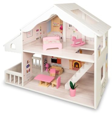 Teorema aus Holz – Puppenhaus aus Holz mit Solarium und Zubehör, großes Haus 58,5 x 24 x 56 cm für Mädchen von 3 + Jahren, komplettes Dollhouse
