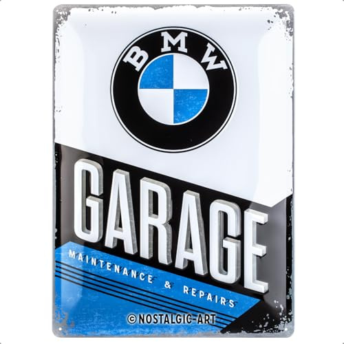 Nostalgic-Art Retro Blechschild, 30 x 40 cm, BMW – Garage | Original BMW Lizenzprodukt (OLP), aus Metall, Vintage Design, Blechschilder Sprüche, Geschenk-Idee für BMW-Fans