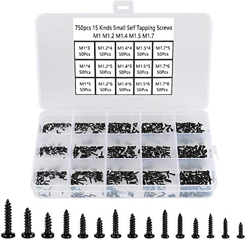HanTof 750pcs Black Tiny Screws for Electronics, M1, M1.2, M1.4, M1.5, M1.7 Very Small Phillips Pan Head Self Tapping Screws, Micro Wood Screws, Mini Electronic Screws Assortment Kit-Carbon Steel