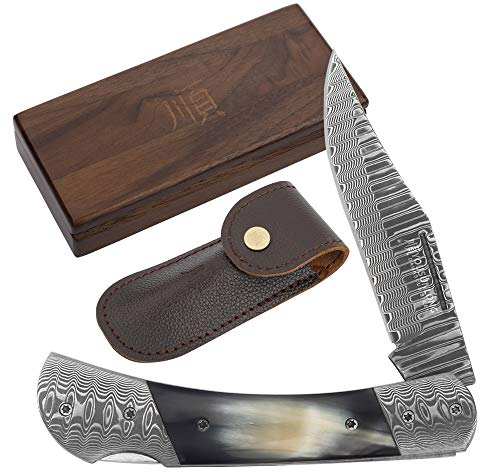 YOUSUNLONG Couteau de poche dans l'ensemble 195 mm Couteau pliant - Lame en japonais acier damas - Manche en corne de taureau