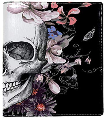 EZIOLY Buchumschlag mit grauem Totenkopf mit rosa Blumen, dehnbar, passend für die meisten Hardcover-Lehrbücher bis zu 22,1 x 16 cm, selbstklebend, für Schulbücher