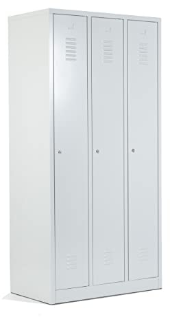 Schrank & Stuhl Spind – Metallspind mit 3 Abteilen in 180 x 90 x 50 cm, Schließfachschrank mit Hutboden & Zylinderschlössern, Lieferung komplett montiert, Grau