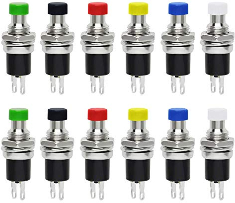 QitinDasen 12Pcs Premium 7mm Momentáneo Interruptor a Pulsador, 2 Pin Mini Interruptor de Botón Redondo, SPST Normal Abierto ON/Off 1A 250V AC (6 Colores)