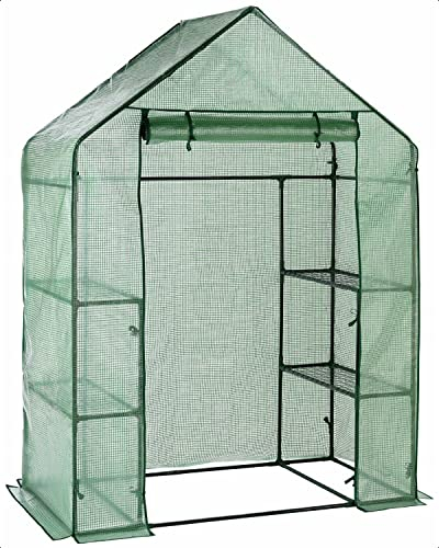 idooka Greenhouse Walk-in Grow House in Green-4 Raised Plant Shelves on Metal Frame in PE Plastic Polytunnel Tent-for Garden, Patio, Balcony-Gardening Protection for Outdoor Plants from Cold/Cats/etc
