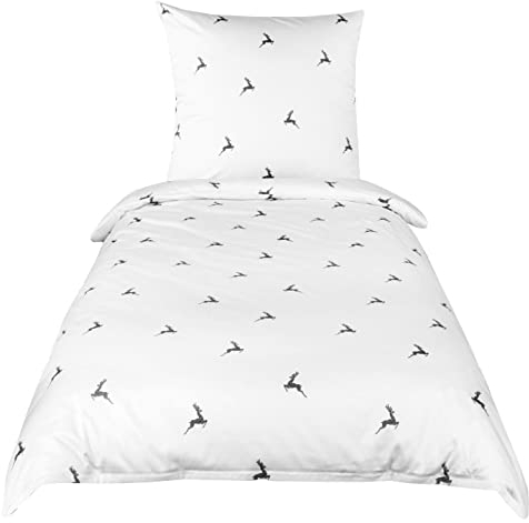 ZOLLNER Bettwäsche, bestehend aus Kissenbezug und Deckenbezug - 80x80 cm + 140x200cm - waschbar bis 60°C – modernes Hirschmotiv - Oeko Tex® Zertifiziert