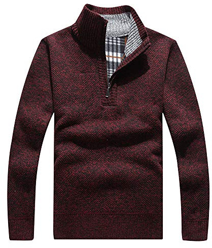 Les umes Men's Plaid Fleece Lined Quarter Zip Jumper Stand Collar Wine 2XL