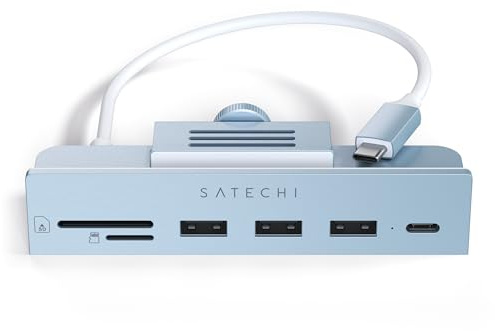 SATECHI USB-C Klemm-Hub für 24-Zoll-iMac und Studio Display, Blau | USB-C, 3 USB-A Anschlüsse und Kartenleser; nicht für iMac 2020 oder älter