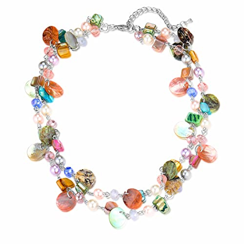FULU AUTUMN Short Shell Beaded Layered Necklace Silver Pearl Chunky Statement Necklace Turquoise Costume Jewellery for Women Mothers Day Gift