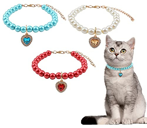 HACRAHO Katzenperlen-Halsband, 3 Stück, Katzen-Hochzeitshalsband mit Strasssteinen, Herz-Anhänger, Katze, glitzernd, Strasssteine, Perlenhalsband für Mädchen, Katzen, Welpen, Hunde