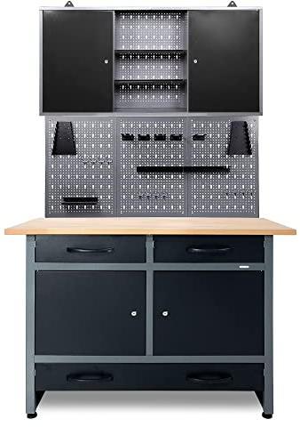 Ondis24 Werkstatteinrichtung 3 teilig Werkstatt Werkbank Werzeugschrank Eurolochung Arbeitshöhe 95 cm Buchenholzarbeitsplatte