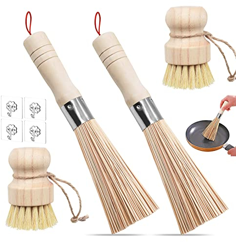 BITEFU 4 STK Wok Bürste Bambus Set,Bambus Handflächenbürste, Pilzbürste, Wok mit Schnur Bürste für Reinigung von Töpfen, Pfannen, Tellern und Besteck mit 4 Haken(Zwei Stile)
